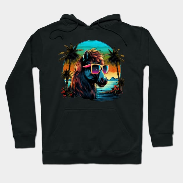 Retro Wave Shetland Pony Horse Palm Design Hoodie by Miami Neon Designs